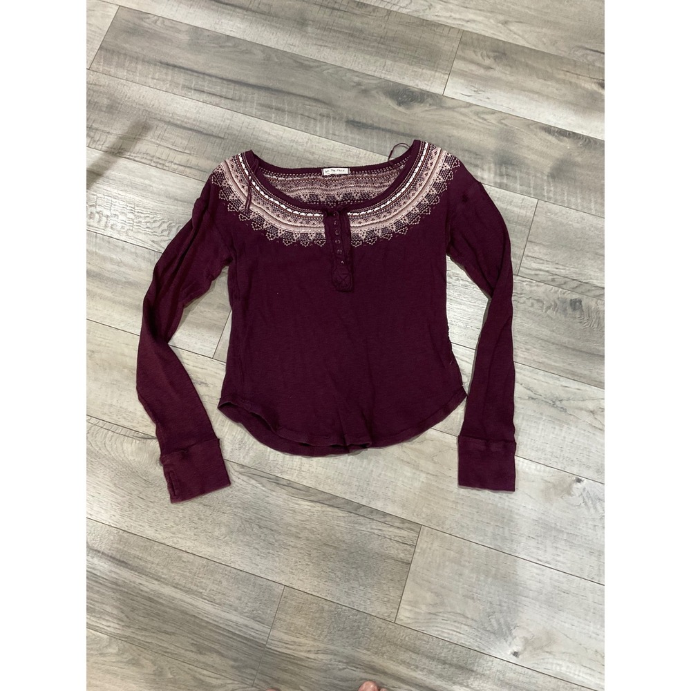 We‎ The Free Free People Burgundy Waffle Knit Henley Thermal Top Large Plum